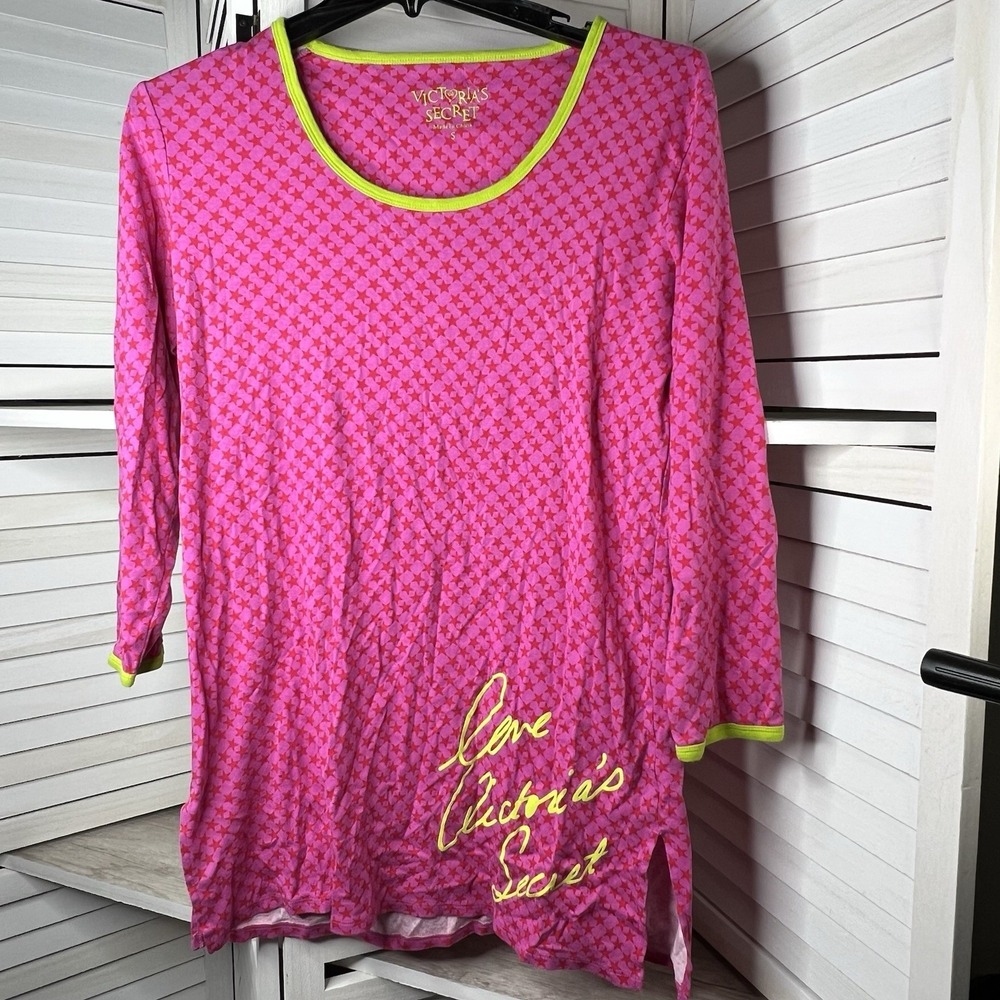 Victoria's Secret Love Script Pink Star Sleep Shirt Nightgown Neon Trim Sz S EUC